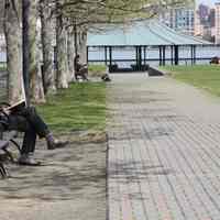 Color photos, 4, of Claire Lukacs of Hoboken reading in Pier A Park, Hoboken, April 4, 2012.