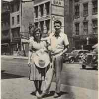 B+W photo of Frank Sinatra and Nancy Barbato Sinatra on Newark Ave., Jersey City, N.J., no date, circa 1935-1939.