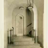 Sepia-tone photo of an interior stairwell at the Y.M.C.A., 13th & Washington Street, Hoboken, no date, ca. 1929.