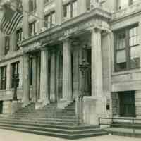 B+W photo of the Garden St. entrance of A.J. Demarest High School, Hoboken, no date, ca. 1950-51.