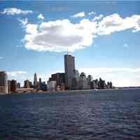 Color photo of lower Manhattan taken during the NJ Transit Train Festival, Hoboken 1989.