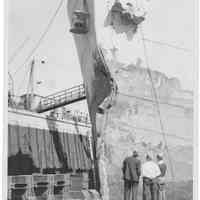 B+W photo of bow damage to the S.S. Delisle in dry dock, Hoboken, no date, ca. 1940.