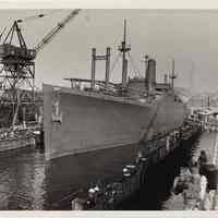 B+W photo of Exochorda being moved into drydock, to become the Stevens dormitory ship, at Bethlehem Steel Hoboken Shipyard, Oct. 4, 1967.