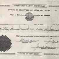 Birth registration certificate of Mary Ellen Stevens issued Hoboken, July 28, 1954.