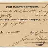Receipt for the sale of 40 shares of Morris & Essex R.R. stock to Frederick H. Smith by James Vanderpool, Jan. 1, 1841.