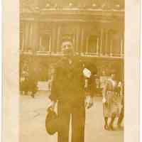 Sepia-tone photo of U.S. Navy sailor from the U.S.S. Siboney on his 1919 shore leave in Paris near the Paris Opera, July 1919.