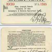 Pass, railroad: Lackawanna, issued to Hon. Joseph Rosch, Counsel of the Delaware & Hudson Railroad Corp., 1939.