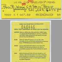 Ticket, transportation: NJ Transit, weekly commutation ticket between Hoboken & Ridgewood; week 6, ending Feb. 7, 1986.