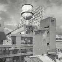 Digital image of B+W photo of former Maxwell House Coffee plant exterior, detail of southeast corner of Manufacturing Building, Hoboken, 2003.