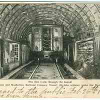          Digital image of Hudson & Manhattan R.R. postcard titled: The first train through the tunnel. 1908. picture number 1
   