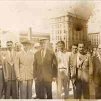 Digital image of sepia-tone photo of Bernard McFeely, Fred DeSapio et al at pier for DeSapio Democratic Assn. outing, Hoboken, no date, ca. 1945-1947.