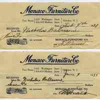 Receipts, 4, of payment on account of Nicholas Balassone by Monaco Furniture Co., 625 Washington St. & 416-418 Madison St., Hoboken, 1931-1933.