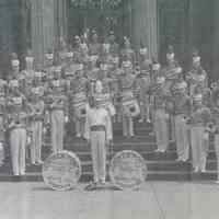 B+W photocopy of an image of American Legion Drum & Bugle Corps, Hoboken Post 107, on the steps Demarest High School, Hoboken, no date, ca. 1940-1950.