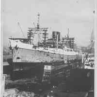 B+W photo of an unknown freighter ship in dry dock no. 2, Hoboken, no date, ca. 1940.