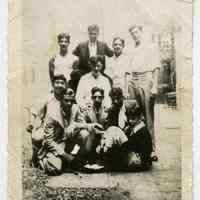 B+W photos, 2, of Frank Sinatra posed with friends, Hoboken?, early to mid 1930s.