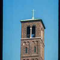 Color slide of detail view of the bell tower of Saints Peter & Paul Catholic church on the corner of Court and 4th