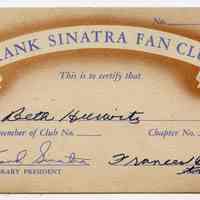 Card, membership: Frank Sinatra Fan Club. N.p., n.d., ca. 1944-1946.