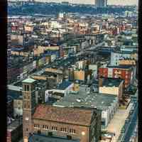          Color slide of aerial view from River & 3rd looking N. Saints Peter & Paul Catholic church at Hudson & 4th is in the foreground with Troy Towers on the Palisades picture number 1
   