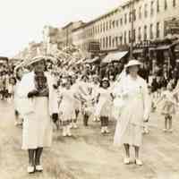 Digital image of photo of a Hoboken Playgrounds girls marching unit on Washington St., Hoboken, no date, circa 1938-1940.