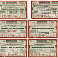 Tickets, transportation, 6: Delaware, Lackawanna & Western R.R. Restricted Monthly Commutation Ticket between Morristown & Hoboken, for Jan., Feb., June, Aug., Sept., Oct. 1955.