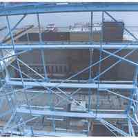 Color photo of the back of the Maxwell House Coffee sign support structure, building no. 2, pier 11, storage silos, building no. 9, Hoboken, n.d, ca. 2000.