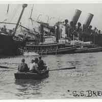 B+W copy photo of postcard, S.S. Bremen sinking at pier after June 30, 1900, Hoboken fire.