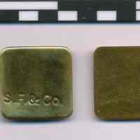 Brass tag stamped S.F. & Co. [S. Fisher & Company, Hoboken, N.J.] N.d., ca. 19020-1937.