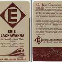 Erie Lackawanna Railroad ticket folder (envelope), unused, ca. Feb. 1964 and later.