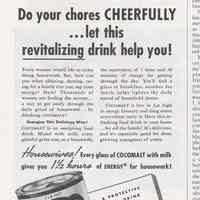 Ad, Cocomalt: Do your chores Cheerfully...let this revitalizing drink help you! By R.B. Davis Co., Hoboken; in The American Home, Feb. 1939