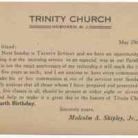 Announcement card: Trinity Church, Hoboken, N.J. May 29, 1917. "Trinity Sunday."