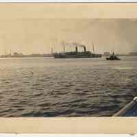 B+W photos, 4, of World War I troop transport ships & French warship, N.Y. harbor or Hudson River (one attributed to Hoboken), 1918.