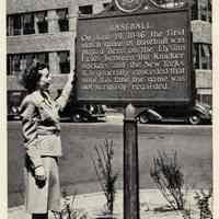 Printed b+w photo of the bronze plaque placed at Eleventh St. and Hudson Street in 1946 commemorating the 1846 game at Elysian Fields, Hoboken.