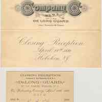 Announcement & admittance card to Closing Reception, Company C, 2nd Regt., De Long Guard, N.G.N.J., Hoboken, 1886.