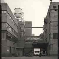 B+W photo of former Maxwell House Coffee plant exterior, between Manufacturing Building, left, & Soluble Building, Hoboken, 2003.