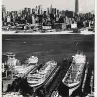 B+W aerial photo of 2 tankers & 1 ore ship in drydocks at Bethlehem Steel Hoboken Shipyard, n.d., ca. 1968-1970.