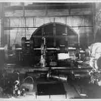 B+W photo of rebuilt crank shaft, S.S. President Polk, on large lathe, machine shop, no date.