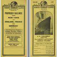 Schedule: NGL. North German Lloyd Sailing List No. 4, April 6, 1924. Proposed Sailings from New York to England, France & Germany and return; Hoboken pier.