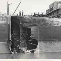 B+W photo of tanker Esso Brussels at Bethlehem Steel Shipyard Pier 6, Hoboken, June 1973.