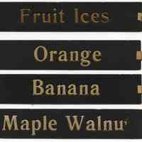          front: four flavor sign cards: Fruit Ices (dull gilt); others off-white
   
