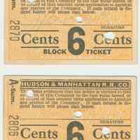 Two printed 6-cent block tickets of the Hudson & Manhattan Railroad Co., no date, ca. 1940.