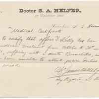 Digital image: Document from Dr. S. A. Helfer, 227 Washington St., re police officer under his care, Nov. 14, 1881.