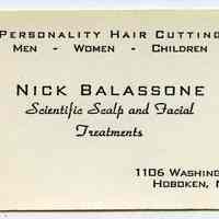 Business card of Nick Balassone, 1106 Washington St., Hoboken, N.J.; circa 1970-1980.