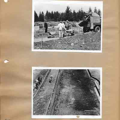 Two photos of works with wheelbarrows loading and moving cement at Lake City School construction site 1942