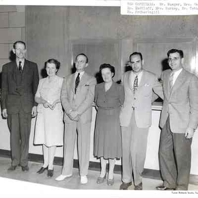Posing in New Clover Park Cafeteria, Mr. Reuger, Mrs. Mann, Mr. Hudtloff, Mrs. Burney, Mr. Tethrow, Mr. Fotheringill