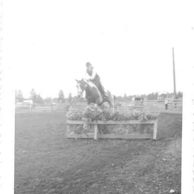Horse with rider jumping over decorated fence