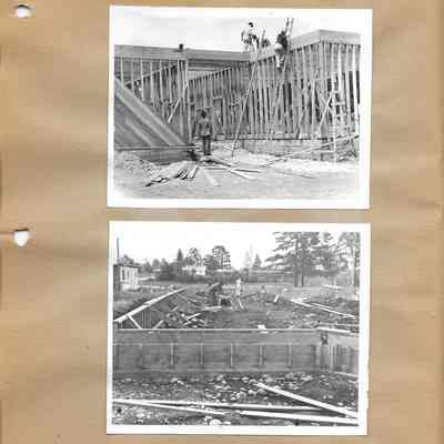 Two photos of construction worker working on foundation and framing of Lake City School 1942