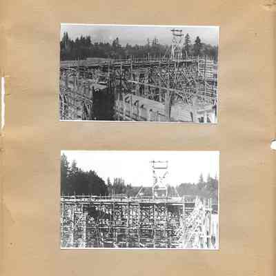 Two photos of scaffolding on the Clover Park High School new wing construction 1942