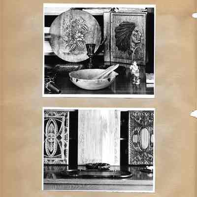 Two photos from wood carving class exhibit showing salad bowl, fisherman, serving tray, and man in feather headdress