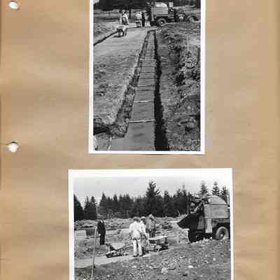 Two close up photos of men laying cement at Lake City School construction site