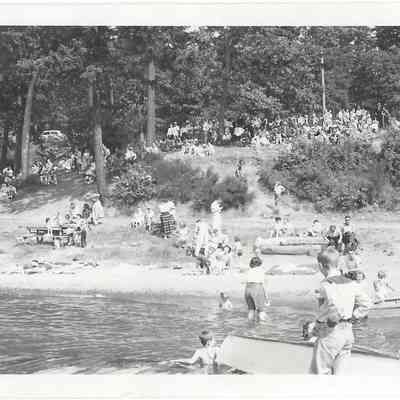 People covering a tree-speckled hill on the shores of what is likely American Lake